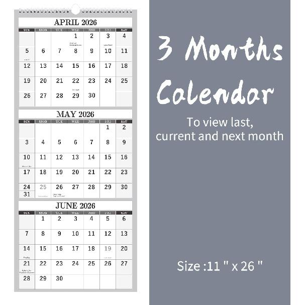 2026 Wall Calendar - 3 Month Calendar Vertical Display, 3-Month Wall Calendar 2026, Jan. 2026 - Dec. 2026, 11" X 26", Large Monthly Calendar, Lay-