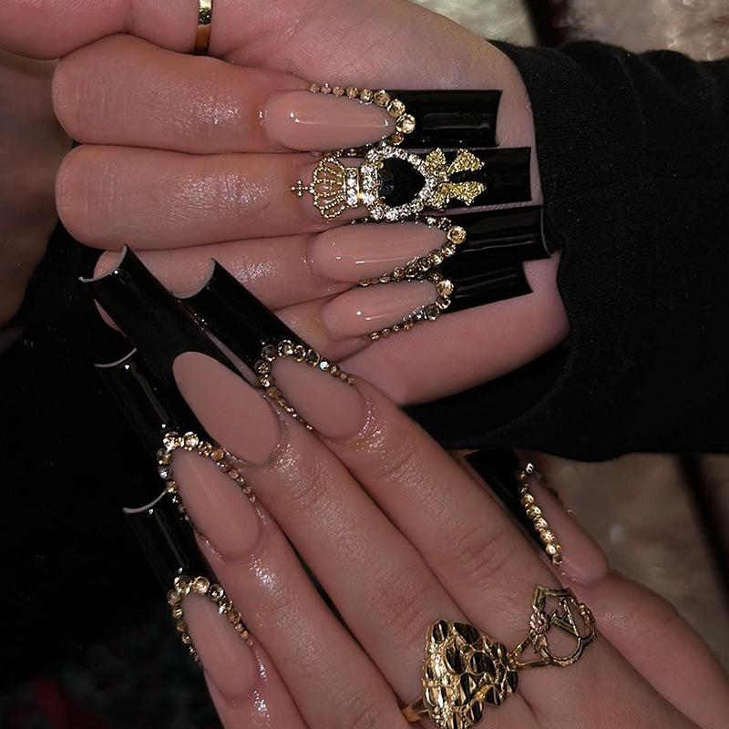 

Black Heart Bow Rhinestone French Edge Extra Long Wearable Nail Tips