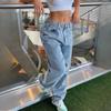 Retro Wide-leg Pants Jeans Women's Denim Solid Color Washed Pockets Mid-waist Basic Loose Straight Denim Trousers