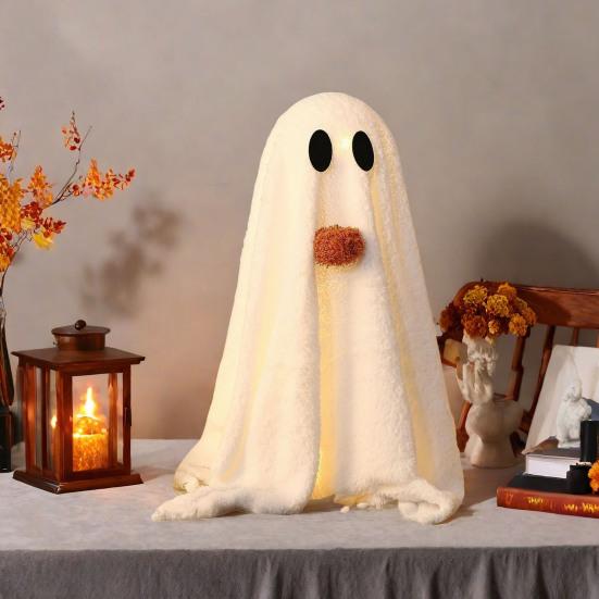 Yousheng Light-Up Sherpa Ghosts with Pumpkin Cute Ghost Tabletop Decoration for Halloween Indoor Home Kitchen Fireplace Decor
