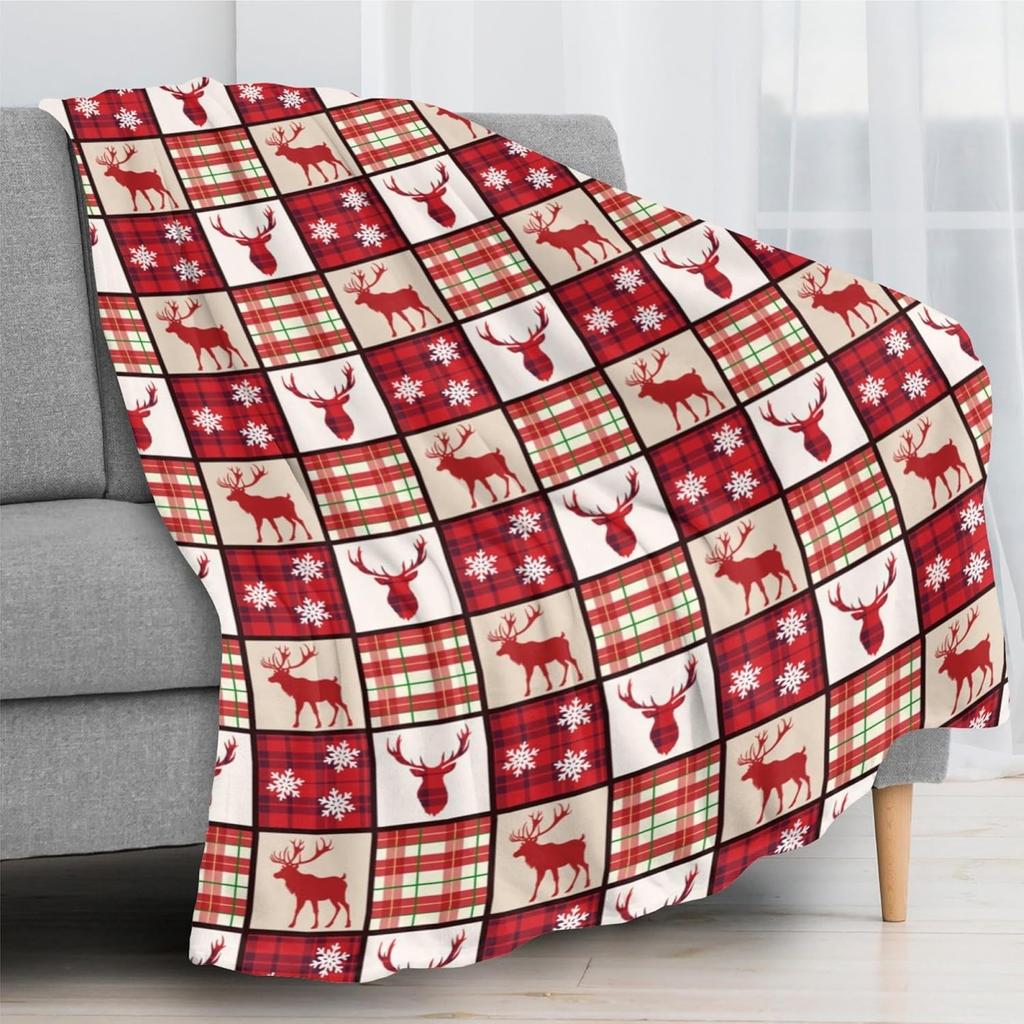 Christmas Throw Blanket Red and Black Buffalo Plaid Deer Design Fuzzy Blanket Cozy Soft Warm Flannel Xmas Blankets for Couch