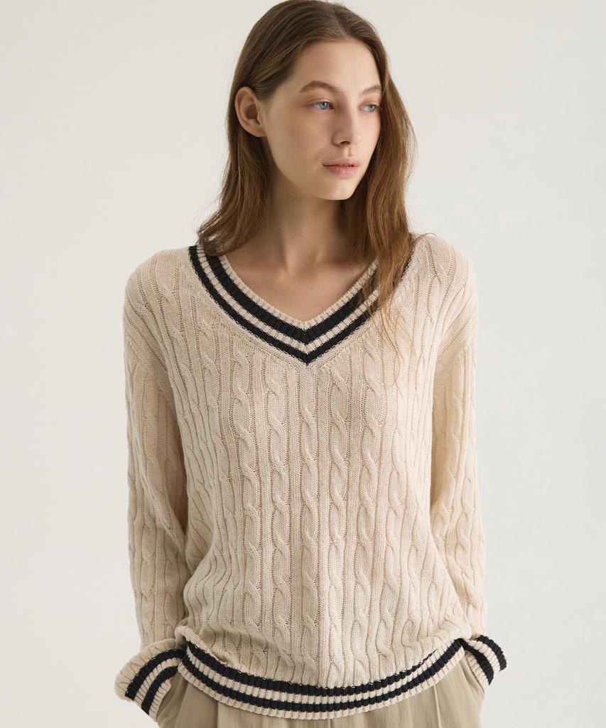 Oteumilkape Cable V-Neck Knit - Beige