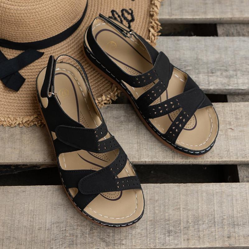 Summer New Sandals Thick Bottom Hollow Slope Heel Velcro Solid Color Breathable Open Toe