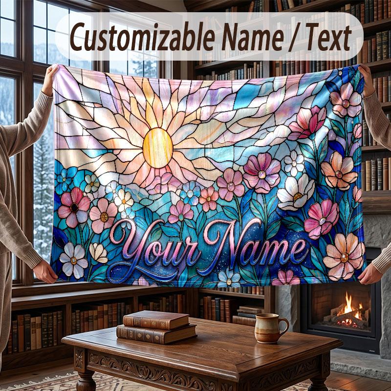Floral Garden Theme Throw Blanket Custom Name Text Personalized Blanket Soft Cozy Blanket for Home Sofa Bed