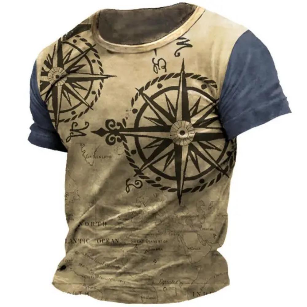 Retro Men's T-shirt, American Summer T-shirt, Compass Printed Short Sleeved T-shirt, Loose Men's Daily Clothing, Casual Streetwear