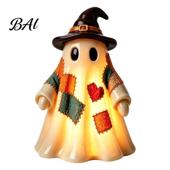 Halloween Tabletop Ornaments Lighted Vintage Patchwork Ghost, LED Light Up Ghost with Pumpkin Lantern, Spooky Indoor Party Supplies Cute Decor