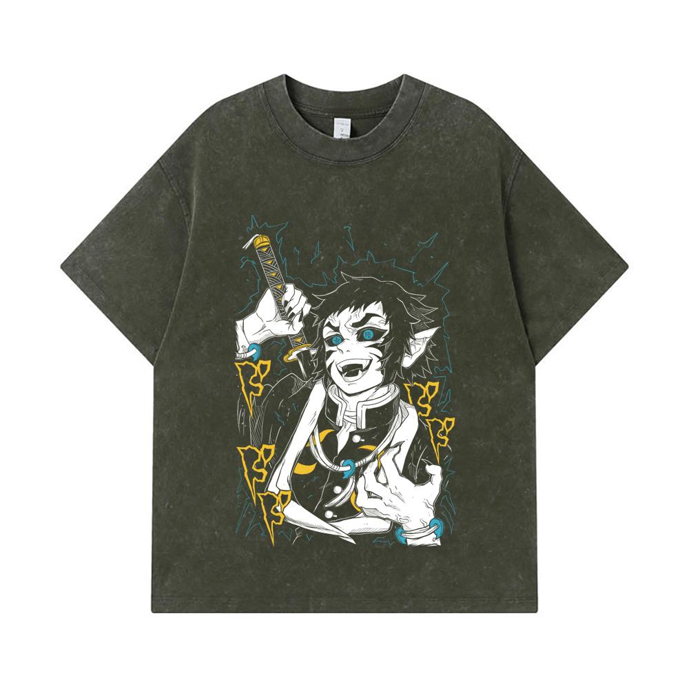 

275 GSM Washed T-shirts 100% Cotton Demon Slayer V40 Kaigaku Print Unisex Heavy Cotton T Shirt S армия зеленый