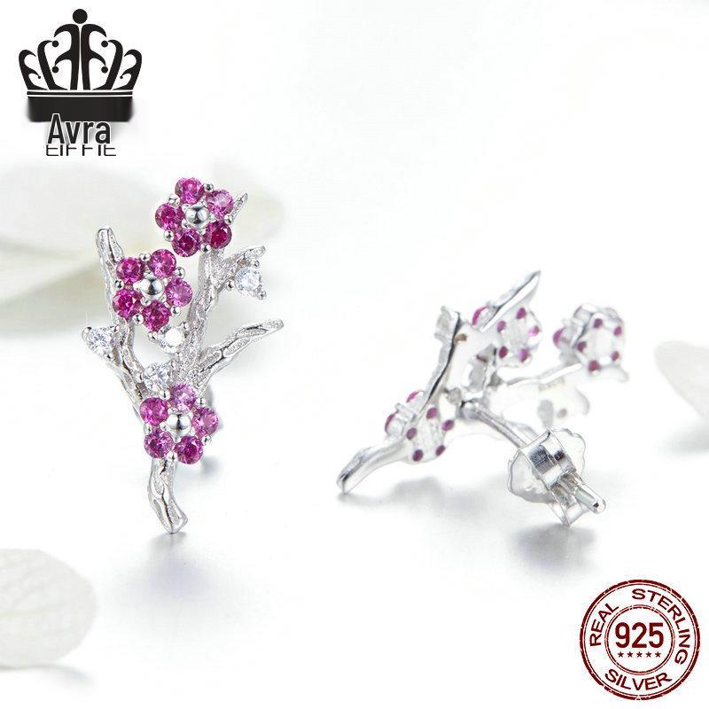 Aifuluo Pink Plum Blossom Zircon Stud Earrings - Pure Silver, White Gold Plated, S925.