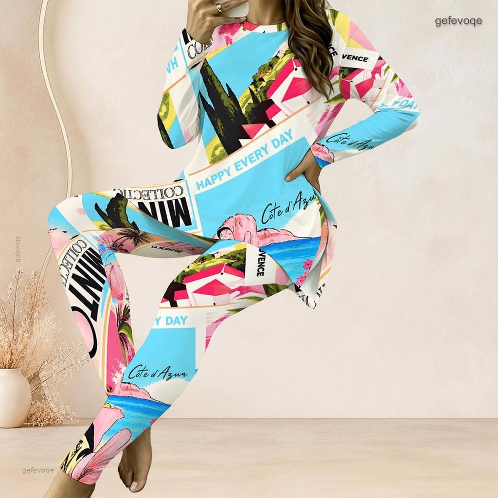 Women Plus Size Blue Pink White Printed Two Piece Set Round Neck Long Sleeve Longline Top Fitted Long Pants