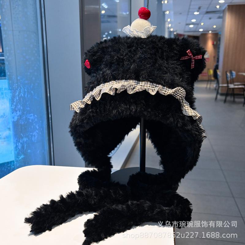 Cute cherry bear knitted plush hat female autumn and winter photo bag head ear protection hat soft waxy warm Lei Feng hat