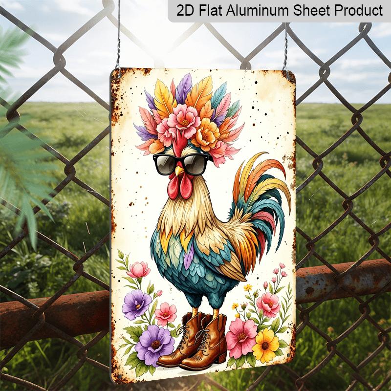 2D Flat - Cool Rooster with Sunglasses & Flowers Metal Sign - Funny Farmhouse Decor Durable Aluminum Material 8*12 Inches Farmhouse Kitchen Wall