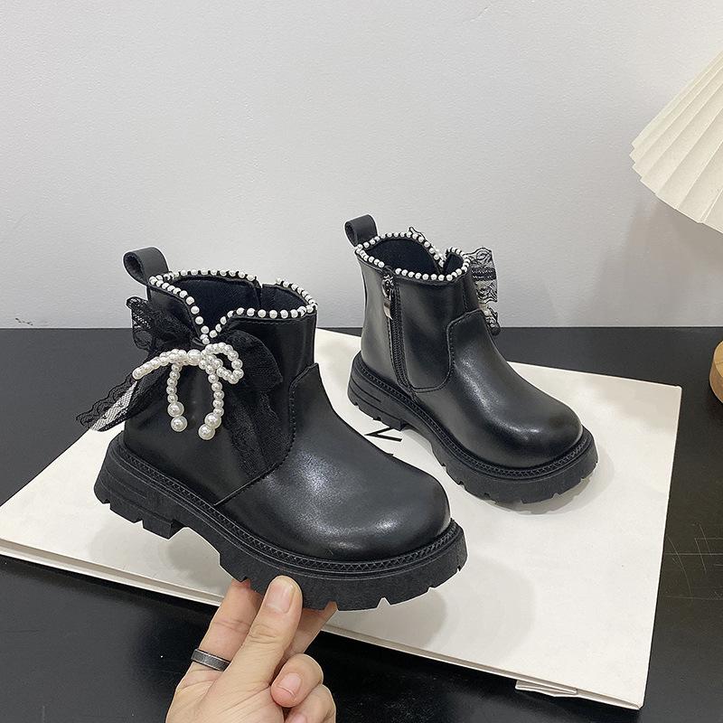 

Girls Winter Fleece Lined Princess Martin Boots Soft Sole Black Short Boots Children Leather Boots Warm Fashion Footwear size 25