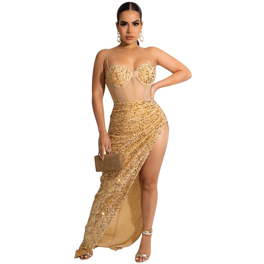 X5843 Europejska i Amerykańska Sukienka z Cekinowej Siateczki na Ramiączkach Spaghetti z Nieregularnym Rozcięciem dla Kobiet