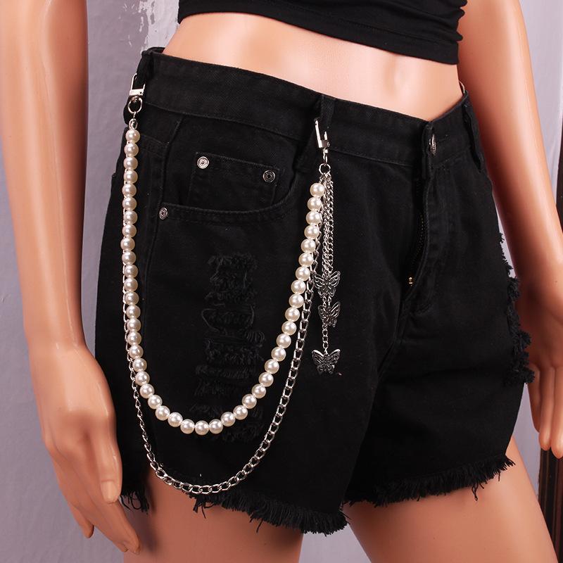 Multi-layer fringed pearl butterfly trouser chain feminine geometric chain metal texture retro waist chain