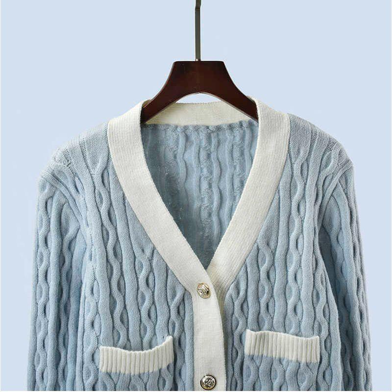 Cable-Knit Sweater Outwear Women's Preppy Style Short Knitting Cardigan Fall and Winter New Arrival Contrast Color Thick Long Sleeves Tops