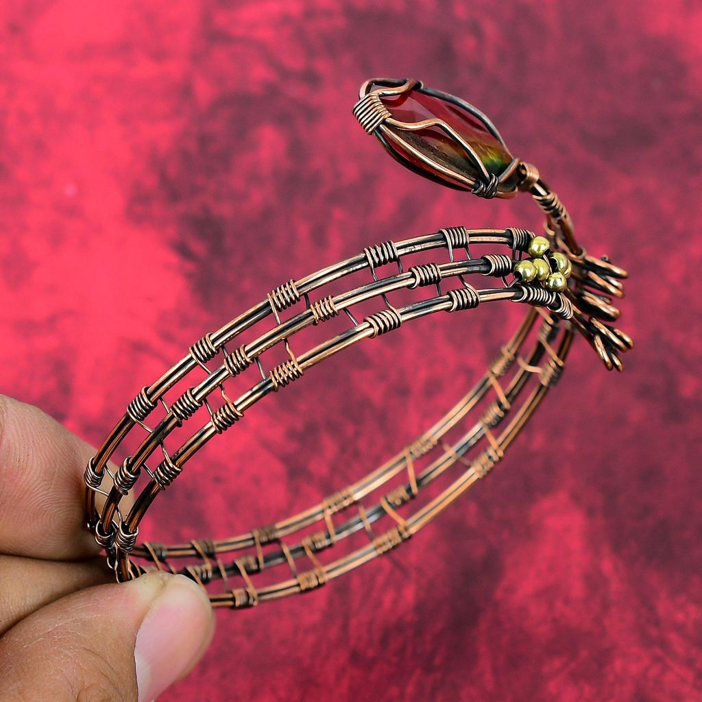 Faceted Ammolite Cuff Bracelet Copper Wire Wrapped Bangle Gemstone Adjustable Cuff Bracelet Handmade Bangle Copper Jewelry Engagement Gifts