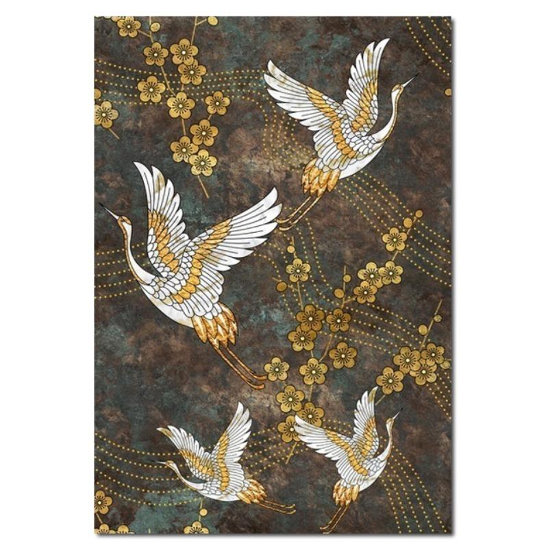 Retro Chinesischer Stil Leinwandmalerei Goldener Fliegender Kran Abstrakte Sonne Tier Vogel Poster Drucke Wandkunst Bild für Wohnzimmer