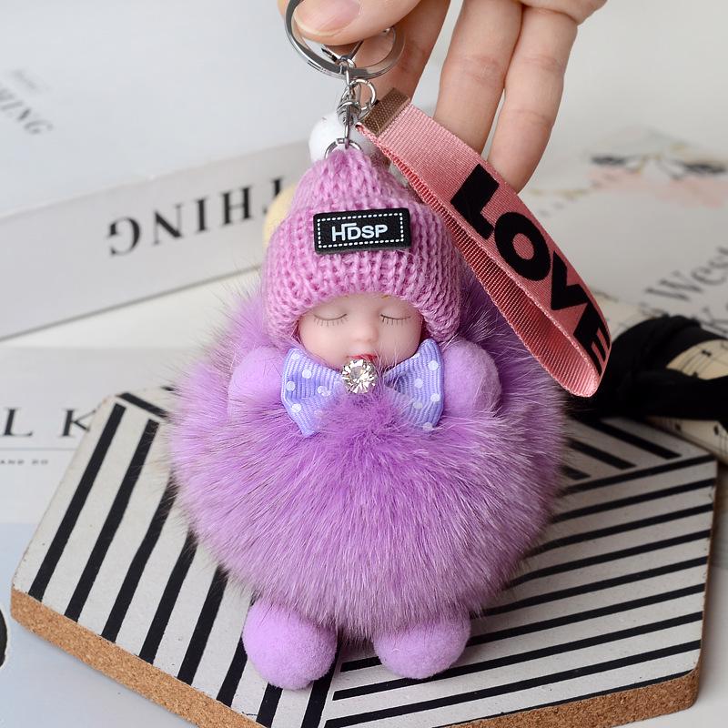 

Настоящий помпон из лисьего меха, брелок в виде спящей куклы, милый плюшевый брелок для сумки Rhinestone-studded fox fur sleeping doll