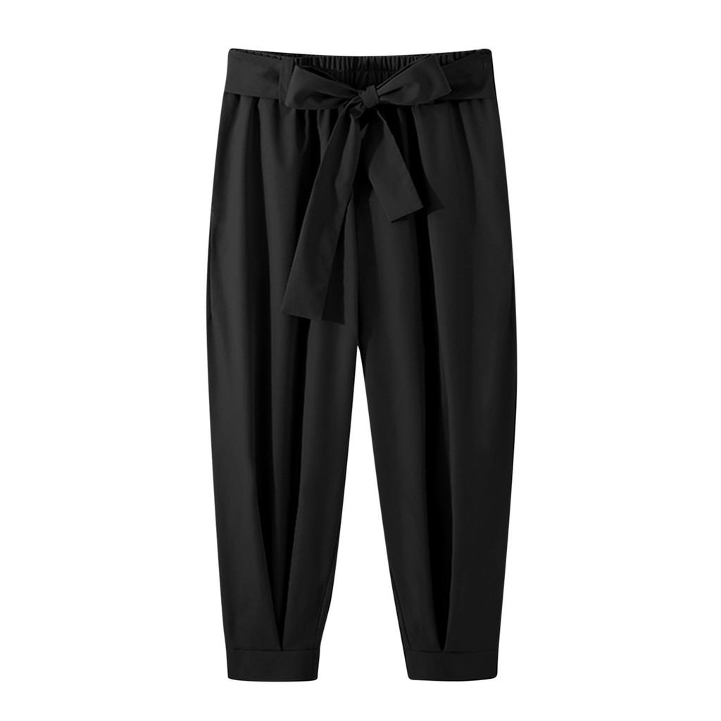 2026 Spring Loose Solid Color Nine-Point Pants with Belt Decoration Men's Cuffed Casual Pants