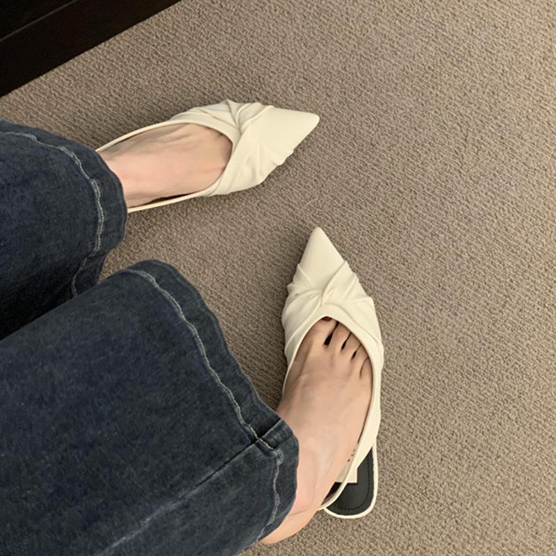 

Baotou sandals women s spring and summer outer wear niche women s shoes pointed flat shoes black with skirt beautiful shoes 40 бежевий