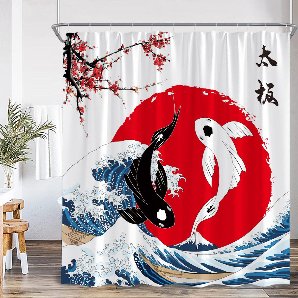 Asian Shower Curtain Traditional Chinese Pine Trees and Crane Flying Landscape Art Fabric Bathroom Decor Bath Curtains Set Hooks