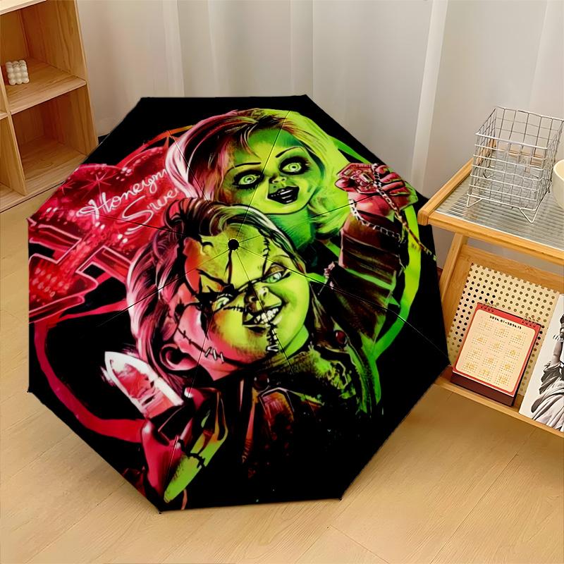 Child's Play Chucky Tiffany Windproof Auto 8 Rib Folding Umbrella Portable Outdoor Parasol