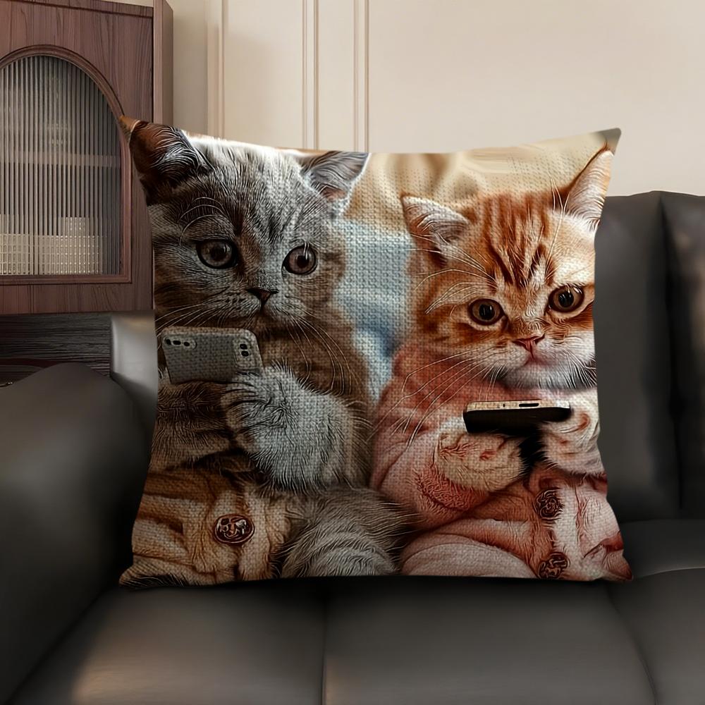 Cute Cat Holding Phone Cushion Cover Natural Linen Organic Fabric DoubleSided Printing Sofa Home Decor Gift Pillow Case