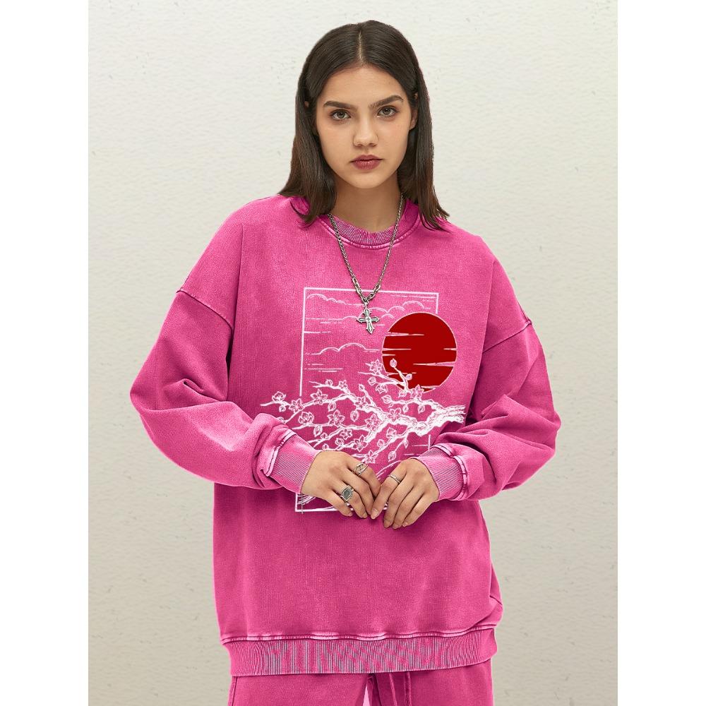 Harajuku Sunset Waves Cherry Blossoms Prints Womens Washed Sweatshirts Cotton Soft Pullovers Fashion Streetwear Clothing