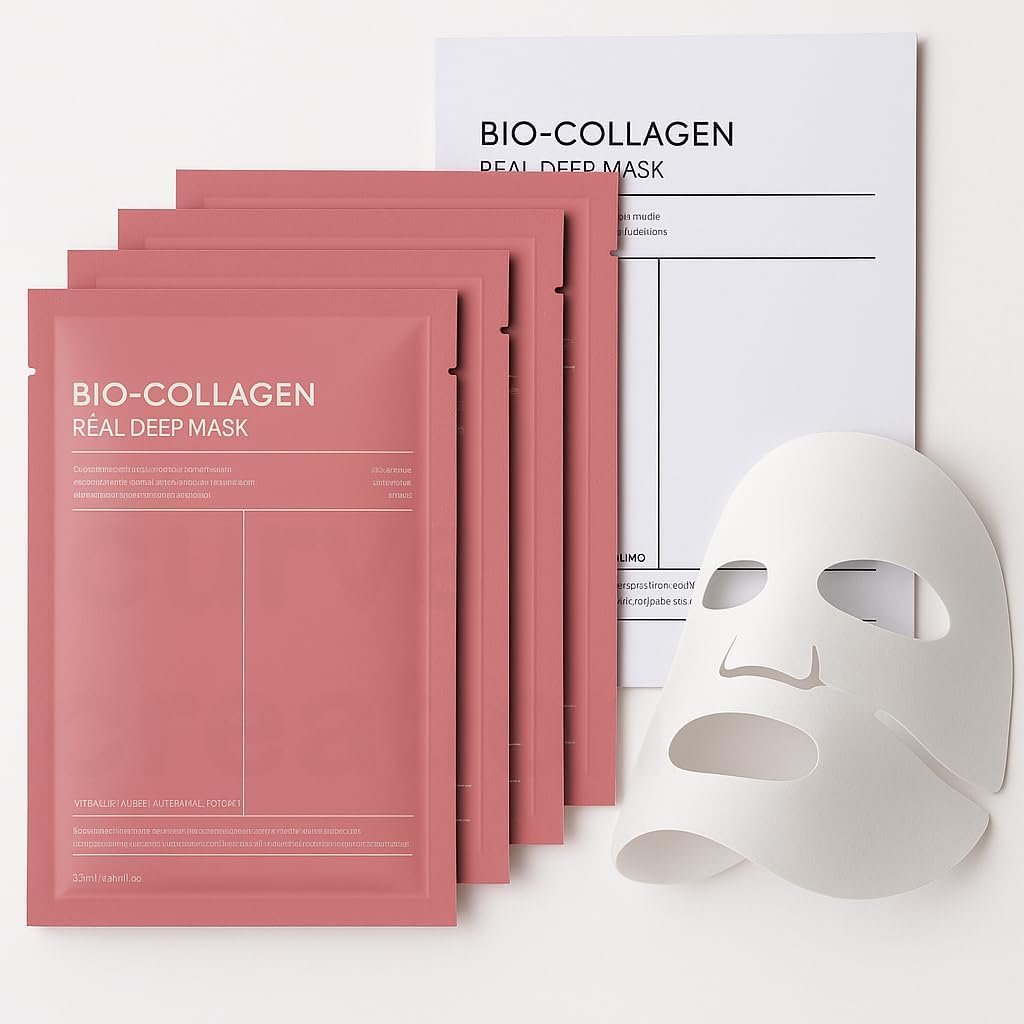 Bio-Collagen Real Deep Mask | Korean Collagen Face Mask with Low Molecular Collagen & Hyaluronic Acid | Overnight Hydrating Hydrogel Mask | Pore Mi