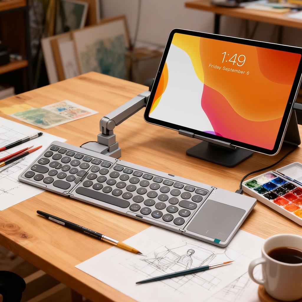 Foldable Bluetooth Keyboard Portable Wireless Keyboard with PU Leather Cover Touchpad for Tablet Laptop Smartphone Connect Up To