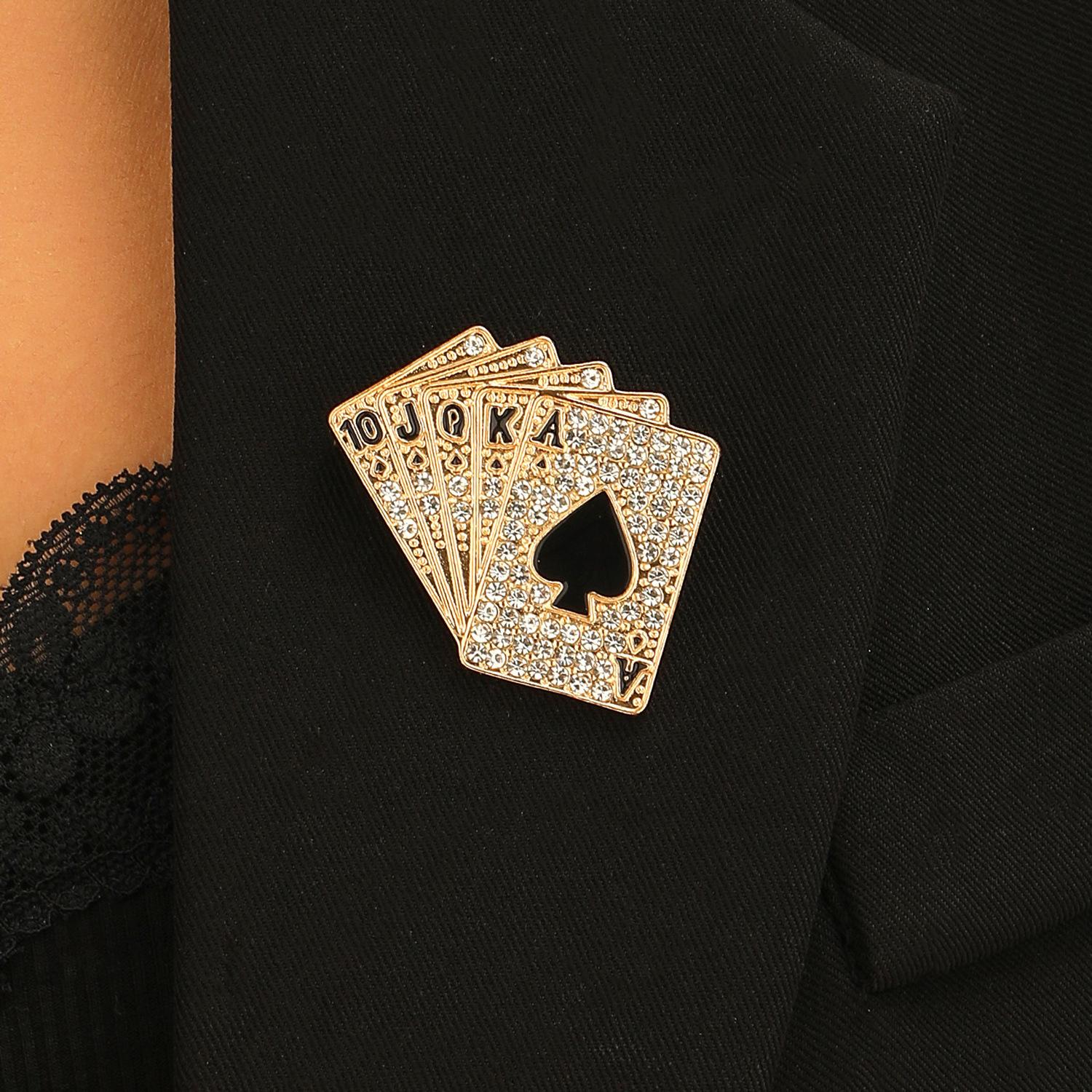 Gold-Tone Spade Royal Flush Rhinestone Brooch, Poker Cards Lapel Pin for Men & Women