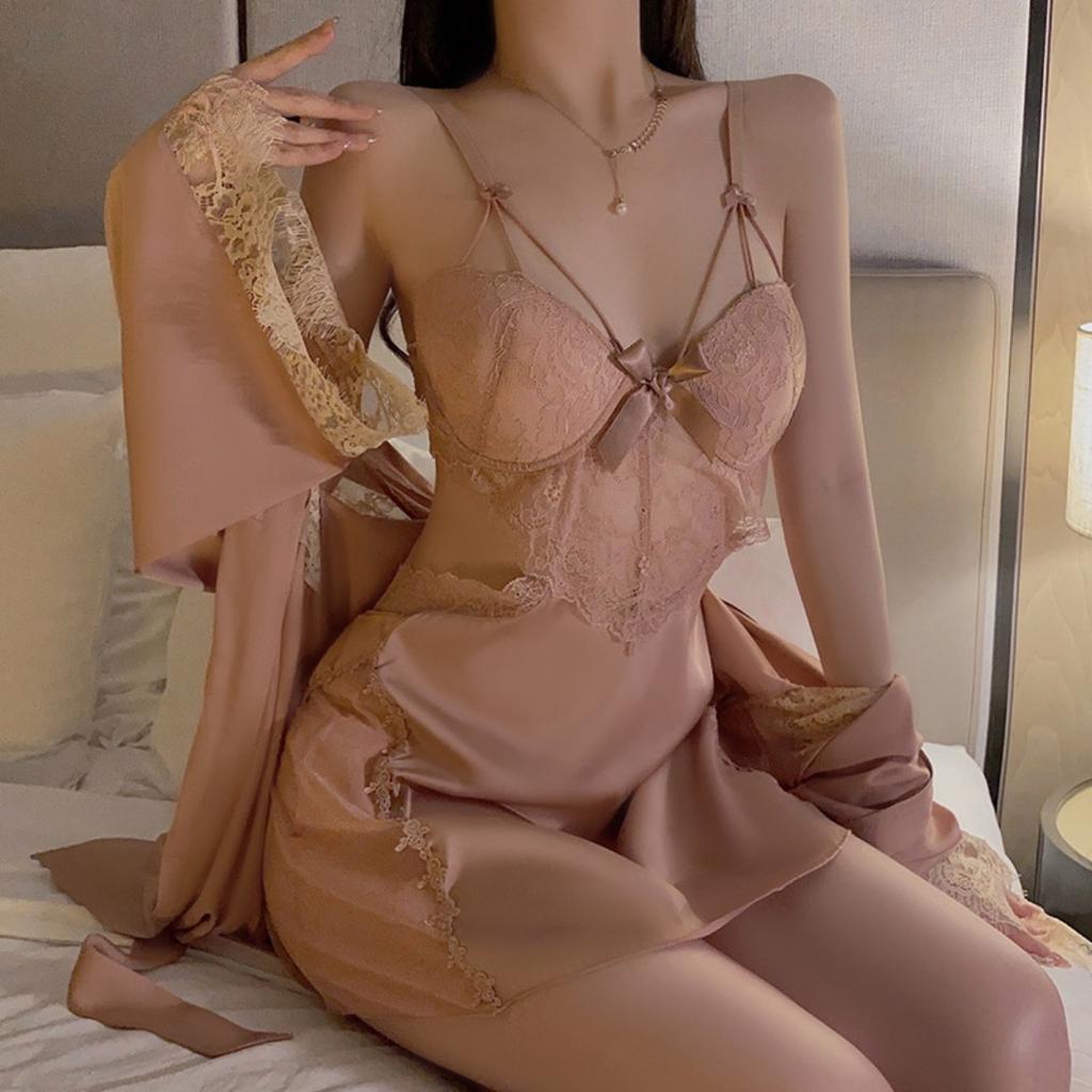 Velký Ocelový Kroužek Shromažďuje Sexy Domácí Oblečení Pohodlné Ledové Hedvábí Plus Podprsenka s Košíčky Šle Noční Košile Župan