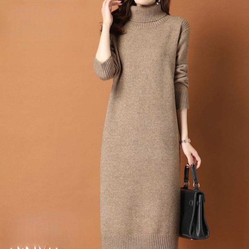 Turtleneck Sweater Dress for Women Solid Color Mid-length Knee-length Knitted Sweater Loose Long-sleeved Pullover Autumn and Winter