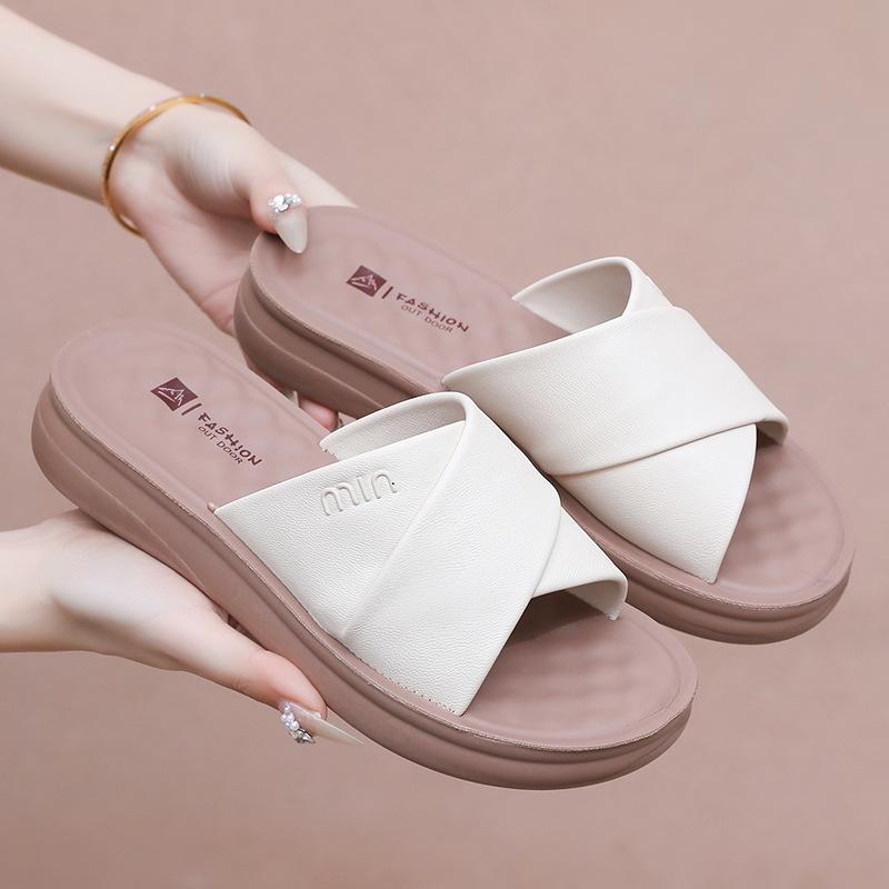 

Ladies Summer Open Toe Wedge Sandals New Fashion Cross Strap Slippers Soft Bottom Non-slip Sandals Comfortable Flat Casual Shoes 35