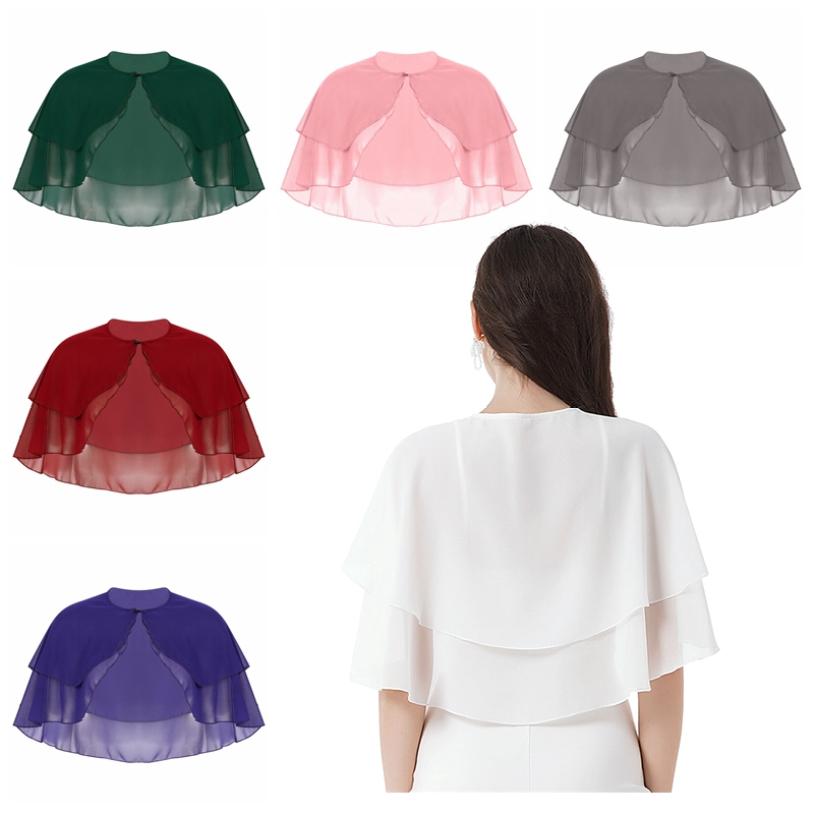 Women Elegant Pure Color Chiffon Shawl Cape Ruffle 2-Layer Chiffon Wraps Bolero Dress Accessory for Party Wedding
