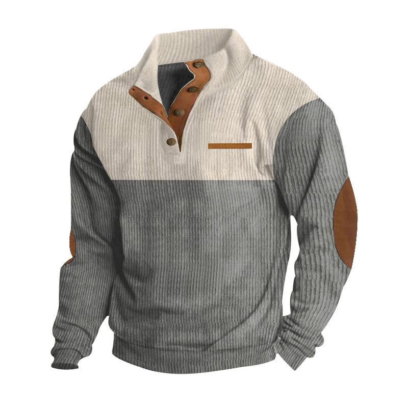 Men's Hoodie Outdoor Casual Button Up Collar Loose Corduroy Color Blocked Long Sleeved Shirt