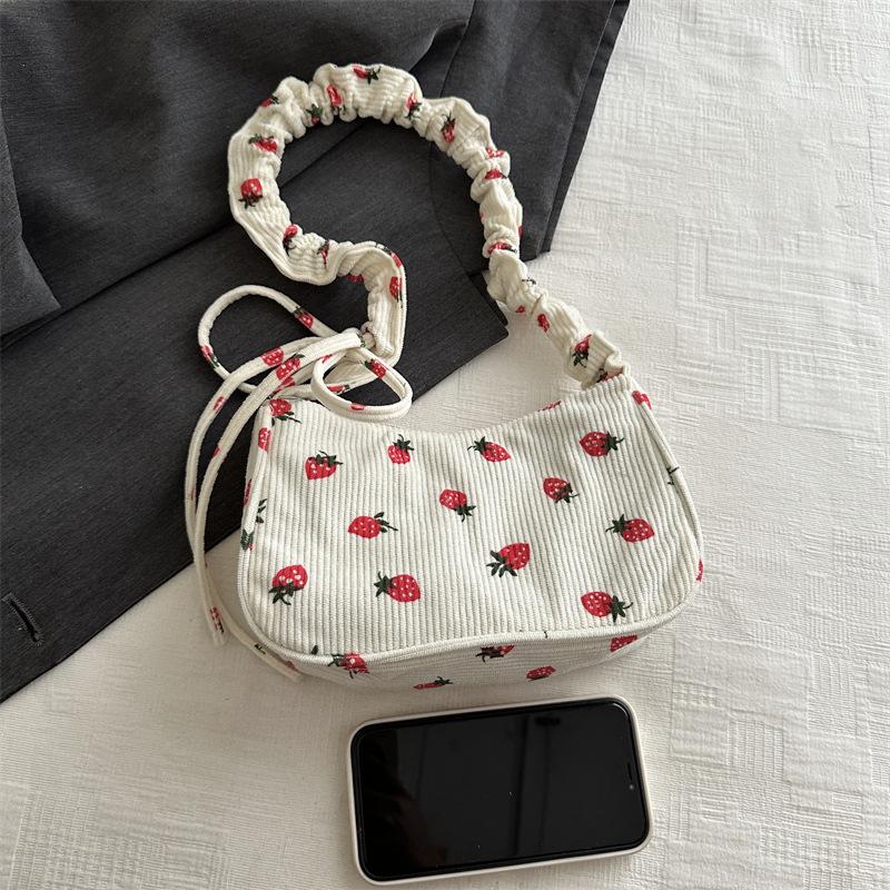 Fashion Cherry Printed Corduroy Makeup Bags Large Capacity Lightweight Zipper Makeup Storage Box Multifunctional Bag with Lining