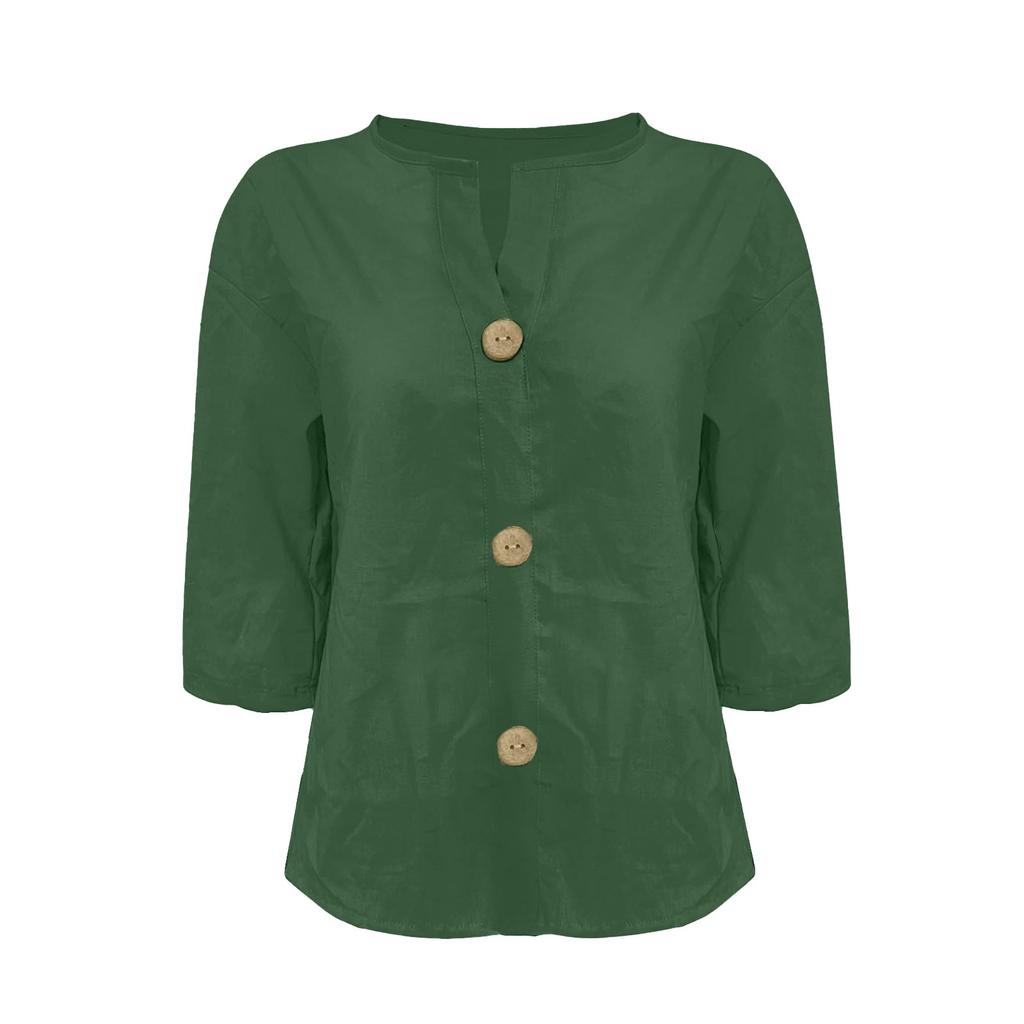 Moda Feminina Casual Decote V Abotoado Manga Sete Algodão Linho Top