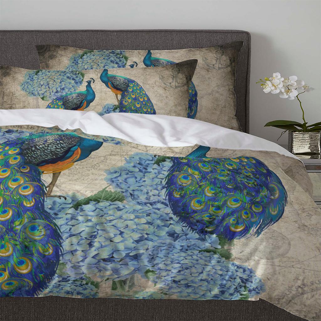 Peacock Flower Hydrangea Retro Duvet Cover With Pillow Case Custom 3pcs Bedding Set Quilt Cover Double Bed Home Textile