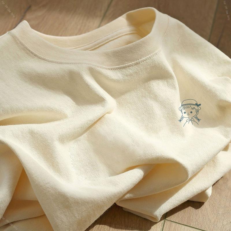 Heavy cotton cartoon print short-sleeved t-shirt women's 2025 new summer loose large size white crew neck top