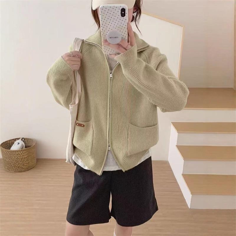 Autumn and winter lapel collar double zipper solid color double pocket casual cardigan temperament thin versatile lazy style knitted sweater