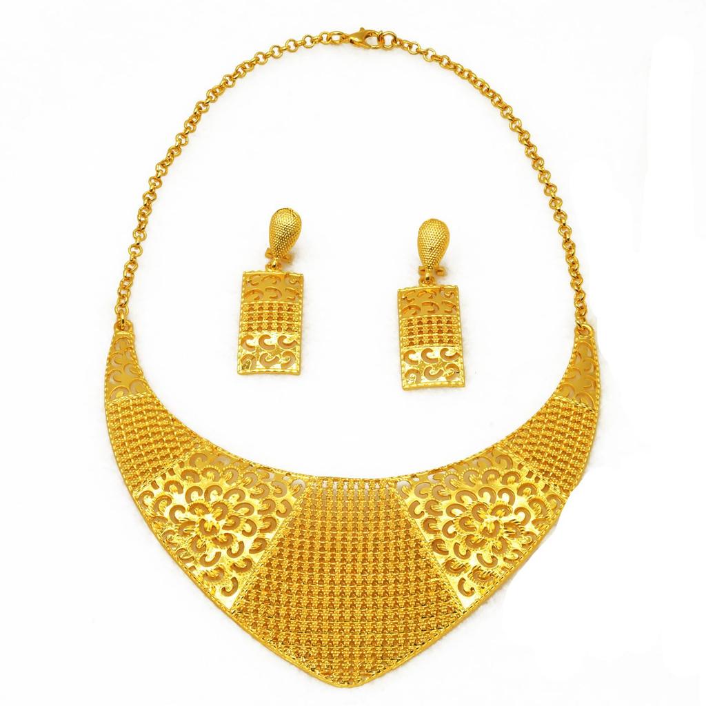 Two-Piece 24K Gold-Plated Alloy Dubai Bride Necklace Earrings Set Indian-Saudi Arabian Women's Wedding Gift for Party Occasions