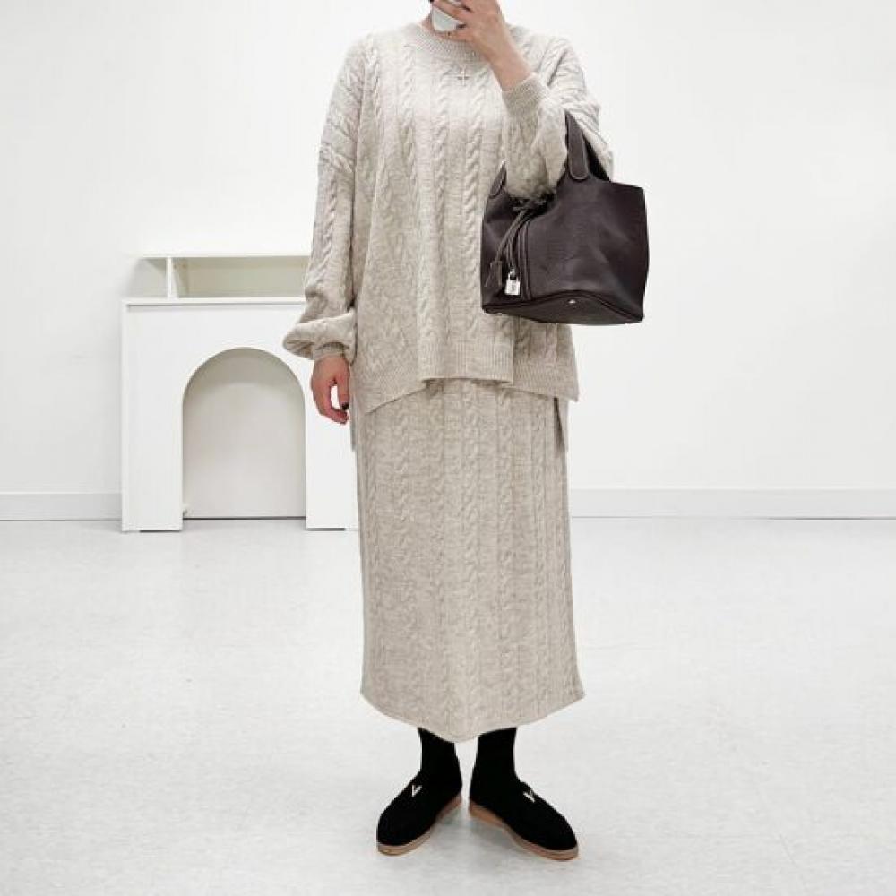 Mizqz Round Neck Cable Knit Skirt Set 5588