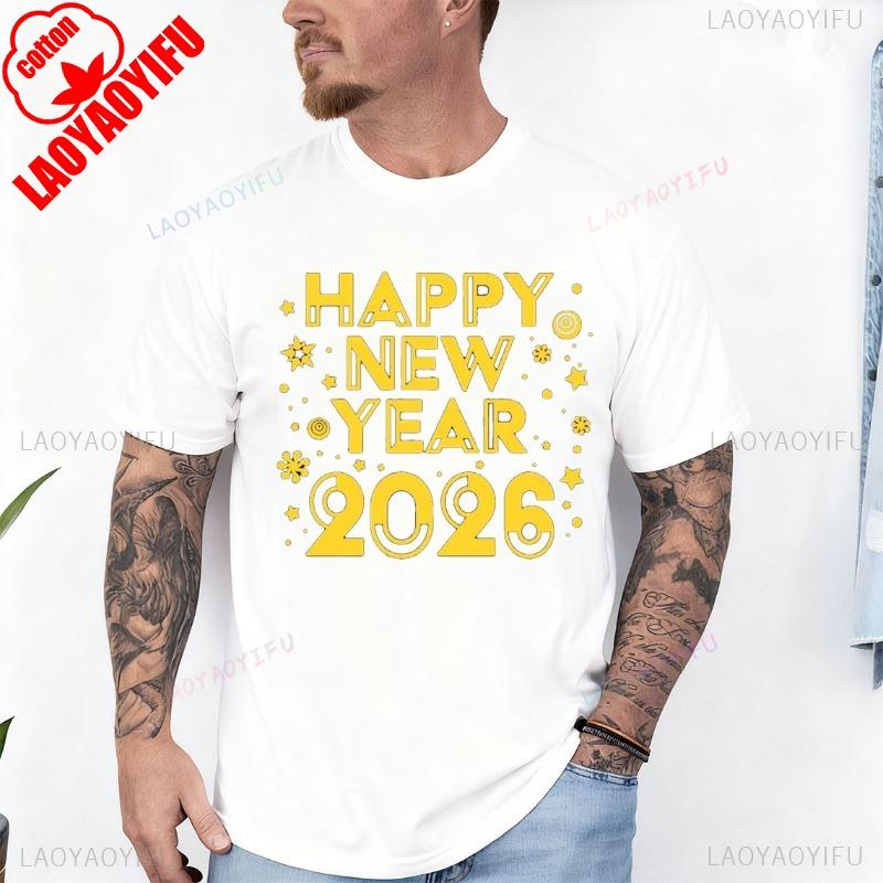 Frohes Neues Jahr 2026 Erwachsenen T-Shirt für Männer und Frauen Rundhalsausschnitt Kurzarm Baumwolle Oberteil Alle Jahreszeiten Lässige Mode Weich Bequem