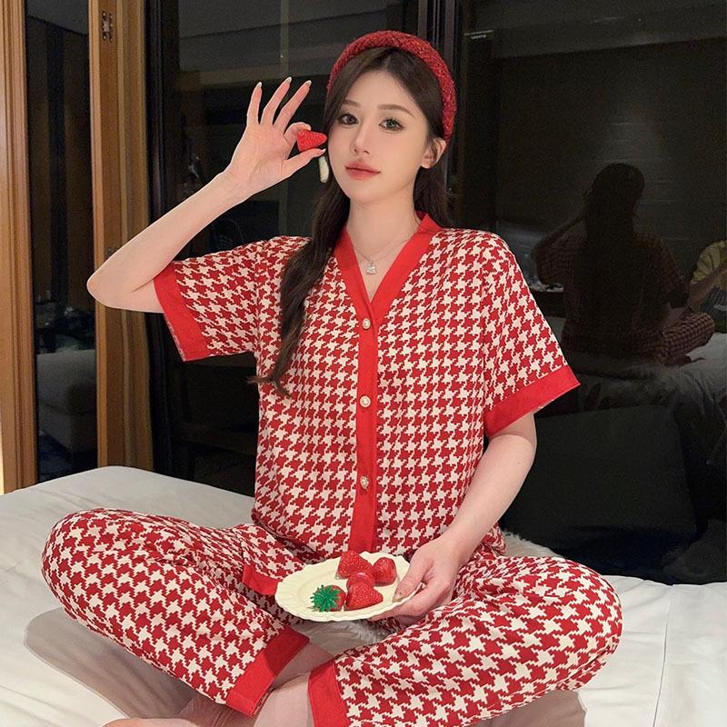 Oversized Women's Pajama Set Summer New Style V Neck Short Sleeve Button Top Pants Set Pajamas Women's 2 Piece Suit