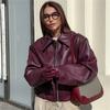 Women Vintage Wine Red Faux Leather Jakcet Fashion Outerwear Zipper Lapel Pu Coats Autumn Winter Streetwear Ladies Short Tops