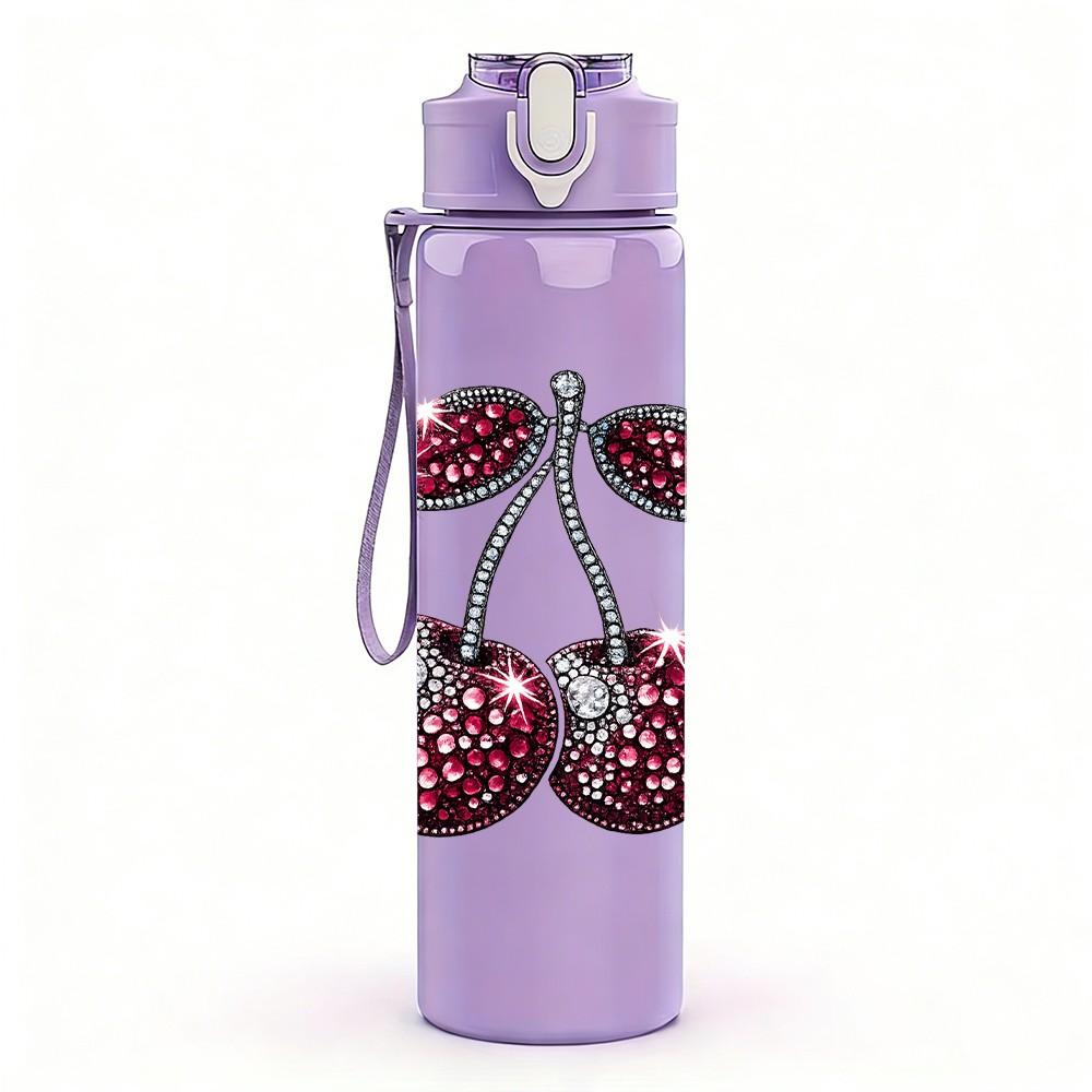 1PC Dark Red Pair Cherry Fruit Print 750ml Color Plastic Sports Water Bottle Leakproof Flip Straw Lid Suitable for Sports Office Home Use