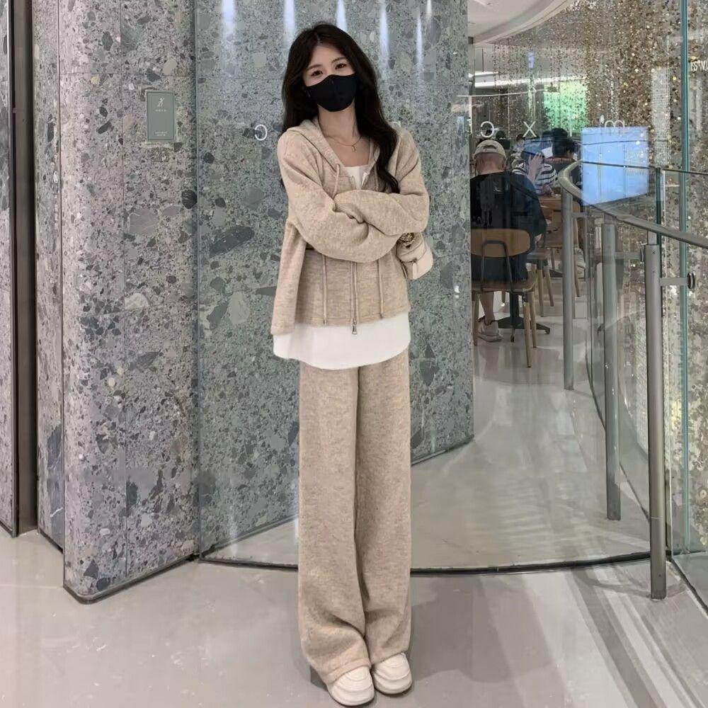 Women's Trendy Loose Fit Hooded Sweatshirt & Wide-Leg Pants Set - Spring/Autumn Casual Style
