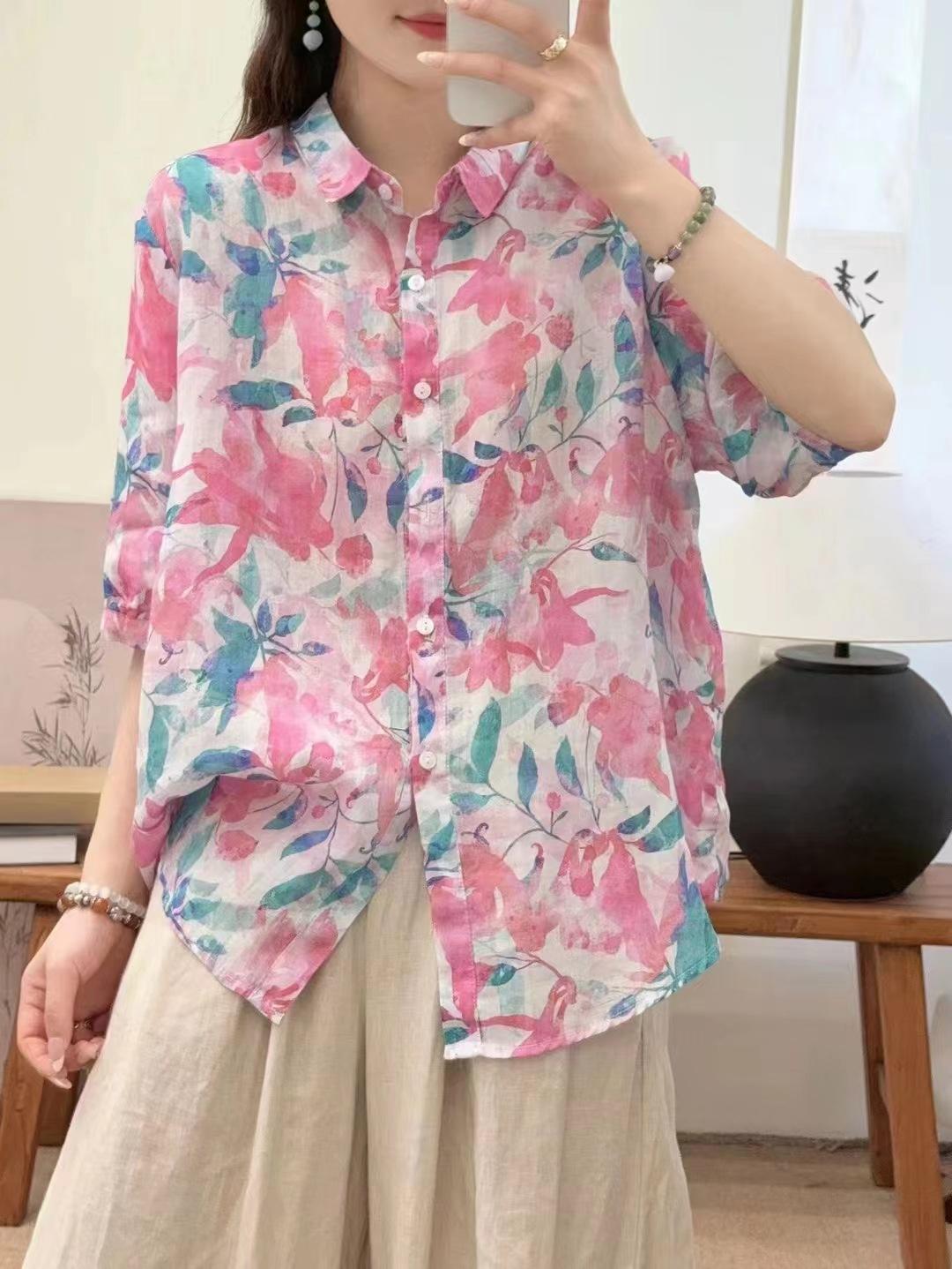

Johnature Women Vintage Print Floral Shirts Tops Turn-down Collar Seven Sleeve Blouses Summer Chinese Style Shirts One Size