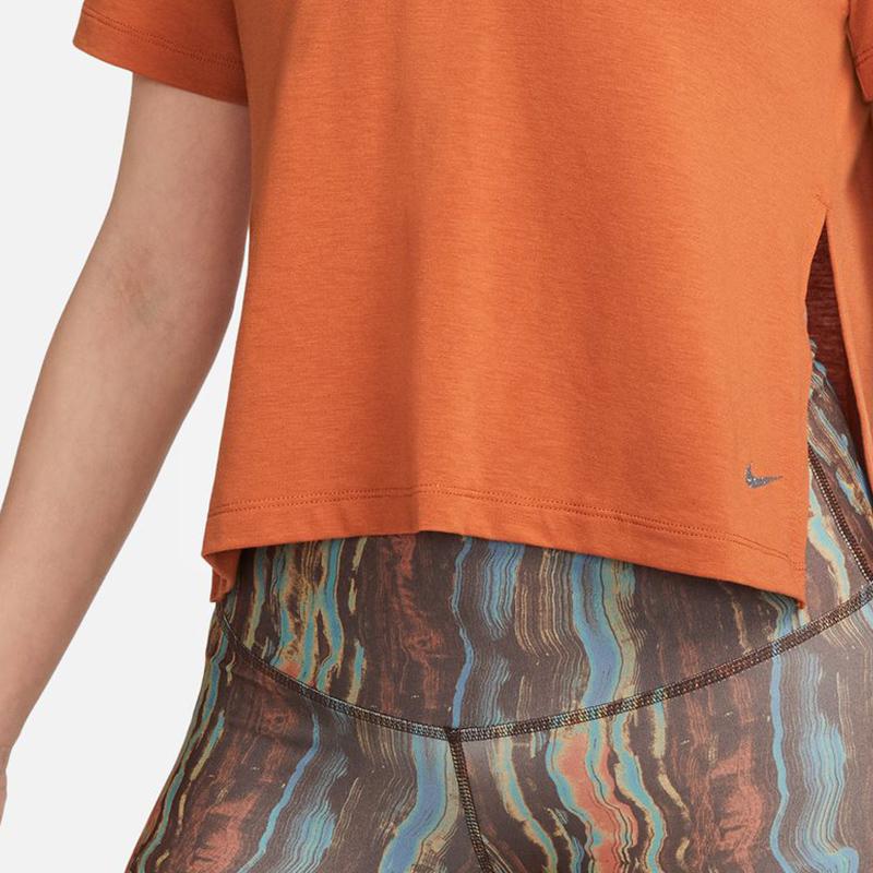 Nike Yoga Dri-FIT Solid Side Split Round Neck Sports Fashion Short Sleeve T-Shirt Women Tops Orange DM7026-246